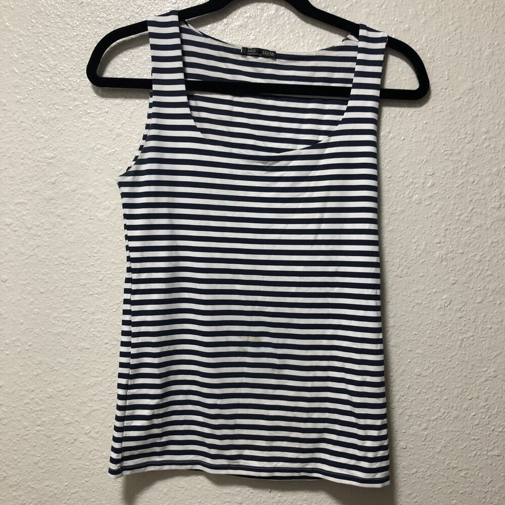 4/$25 zara tank top medium m blue white stripes butter soft square neck slim tv